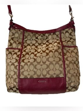 Coach Park Signature Hobo 2-way Bag in khaki canvas with crimson red leather
